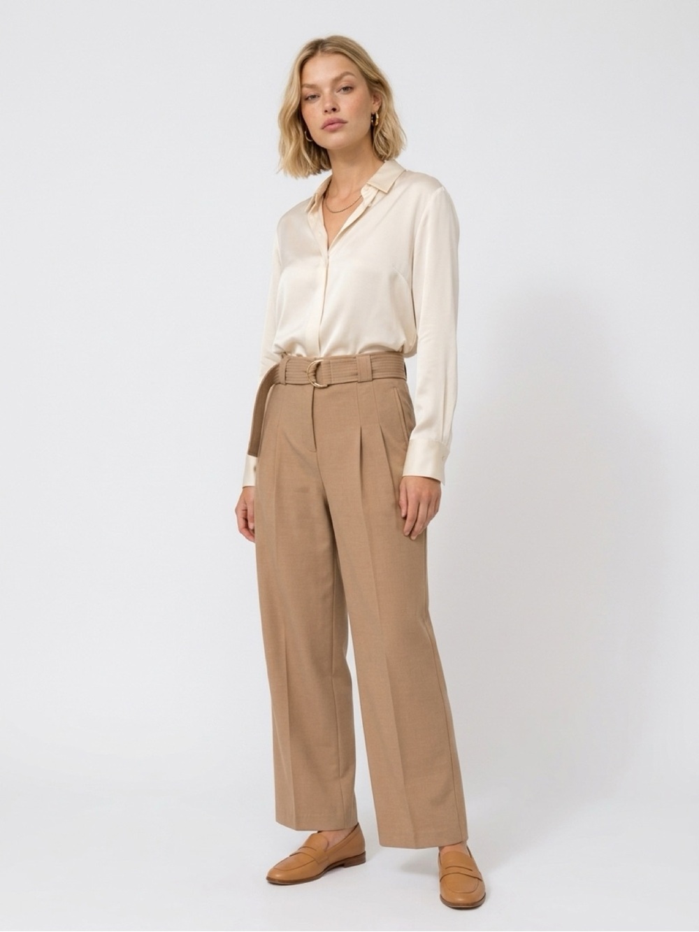 Ann Taylor Belted Wide-Leg Trousers in Tan